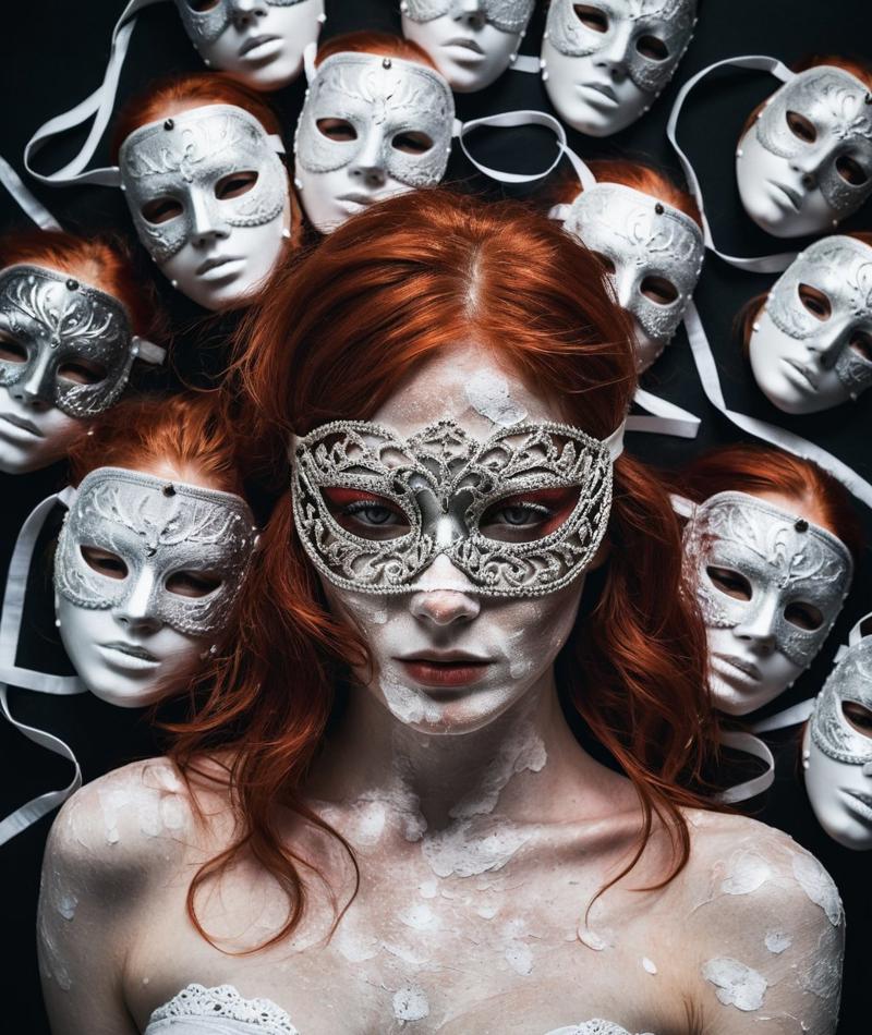 00706-2927573430-a red-haired woman with freckles in a silver blindfold, smudges of mascara, surrounded by many white masks on a black background.jpg